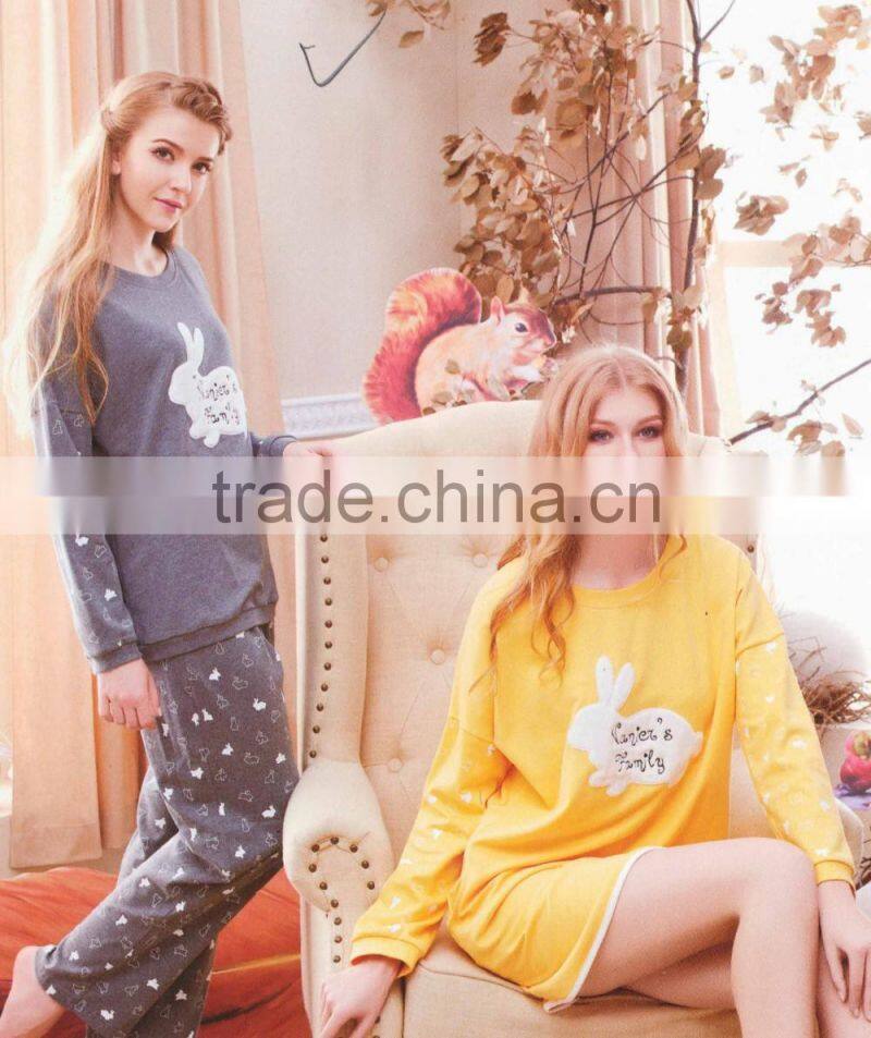 Classic style fall cotton two piece woman pyjama for night sleep wear