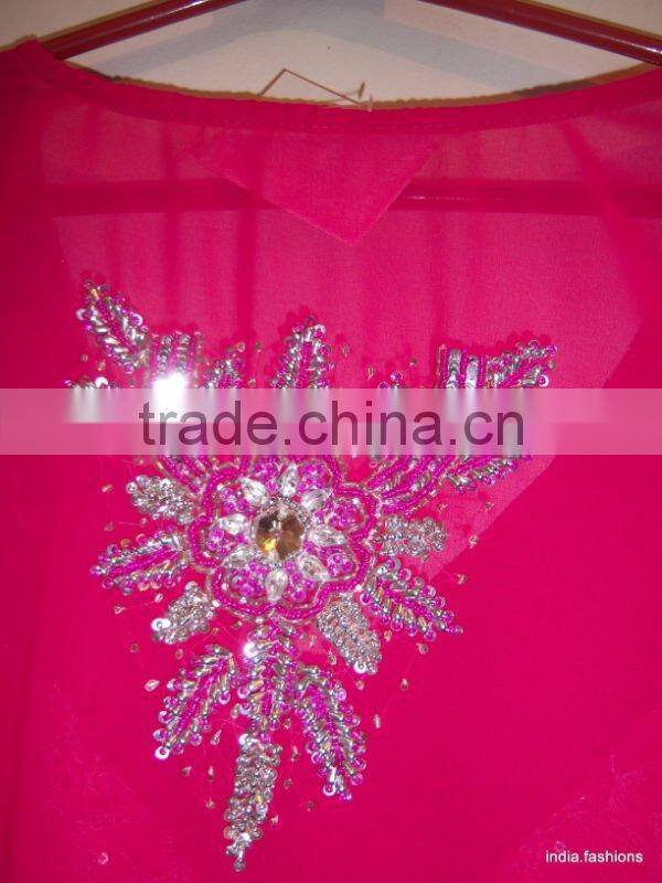 PINK GEORGETTE LONG TUNIC BLOUSE SHIRT Embroidered BOLLYWOOD kaftan cover up