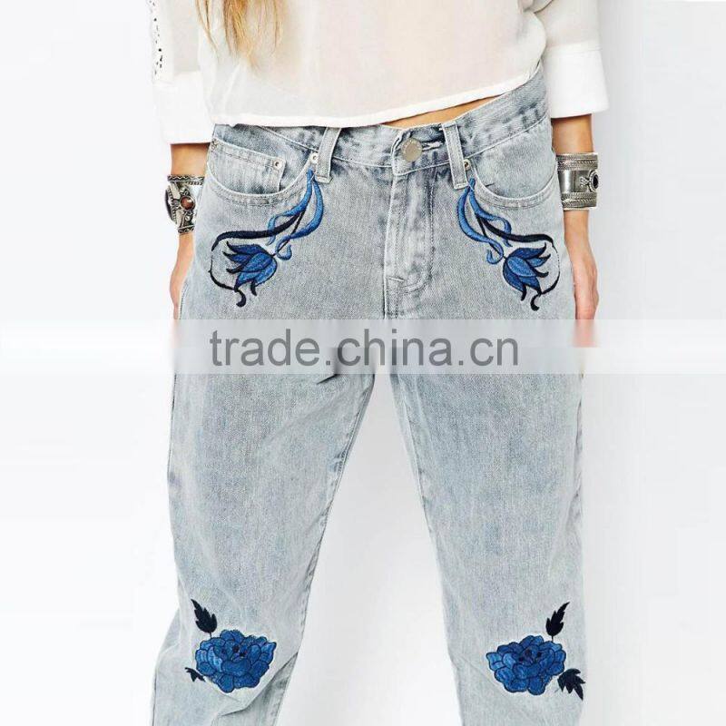 front girls embroidery flowers ladies fancy jeans loose style