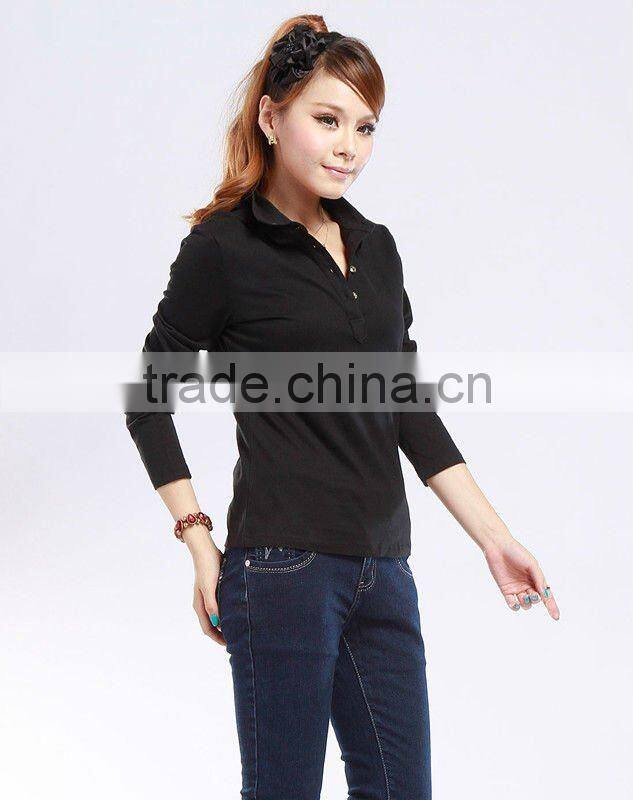 fashion polo collar ladies cheap plain black collar shirts