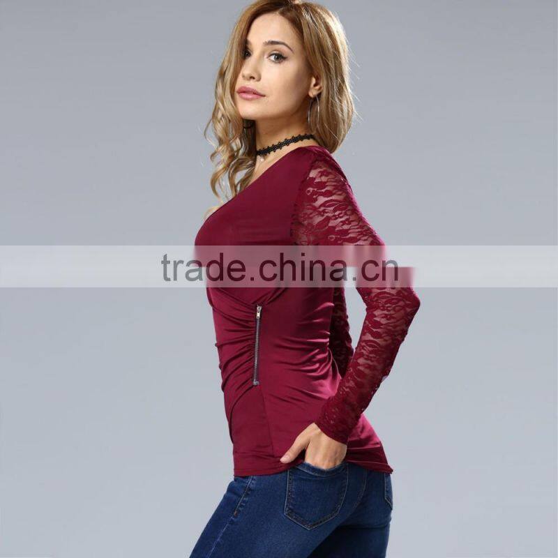 Clothes woman fashion long bell sleeve deep V neck lace blouse 2017