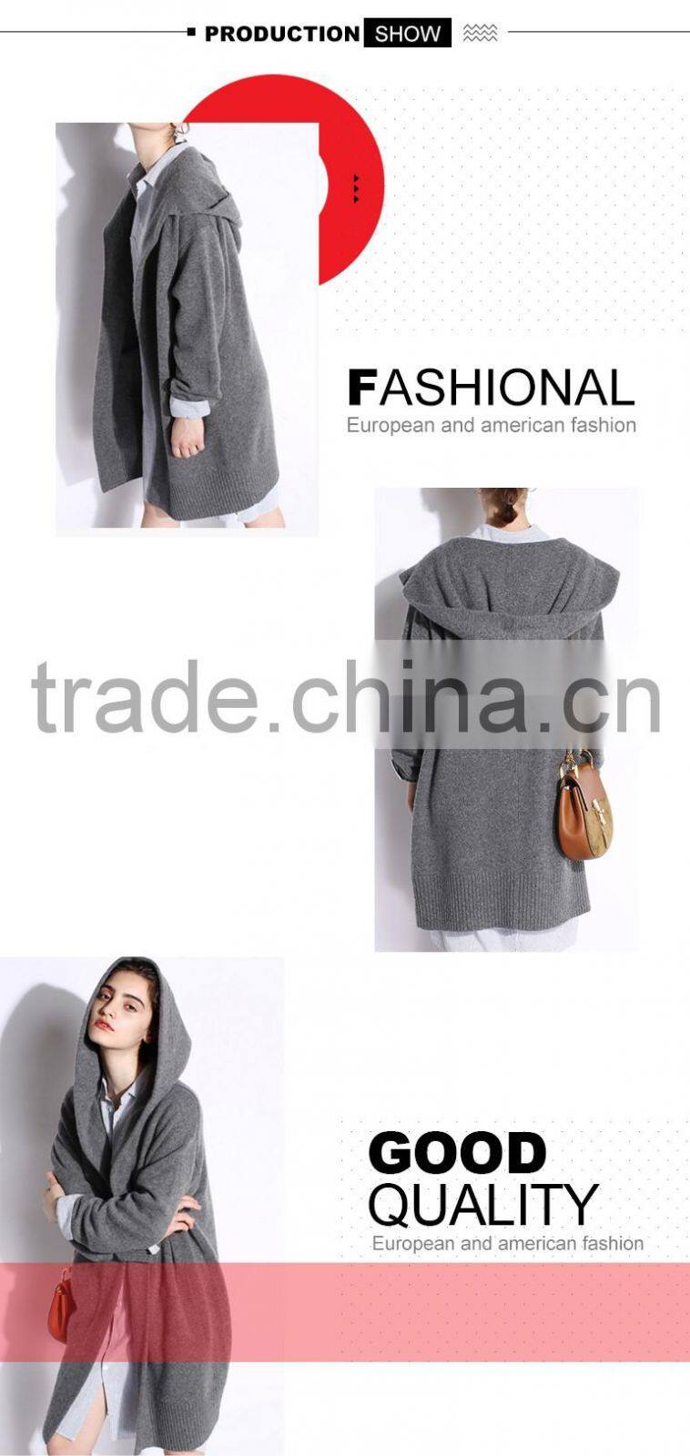 Women's fashion grey thick long hoodie cardigan sweater with high quality