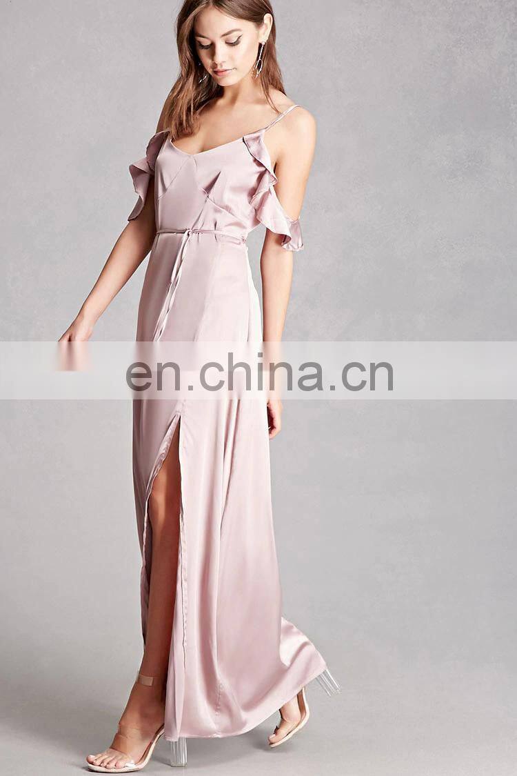 Trendy Satin Open Shoulders Maxi Dress with Self-tie Waist