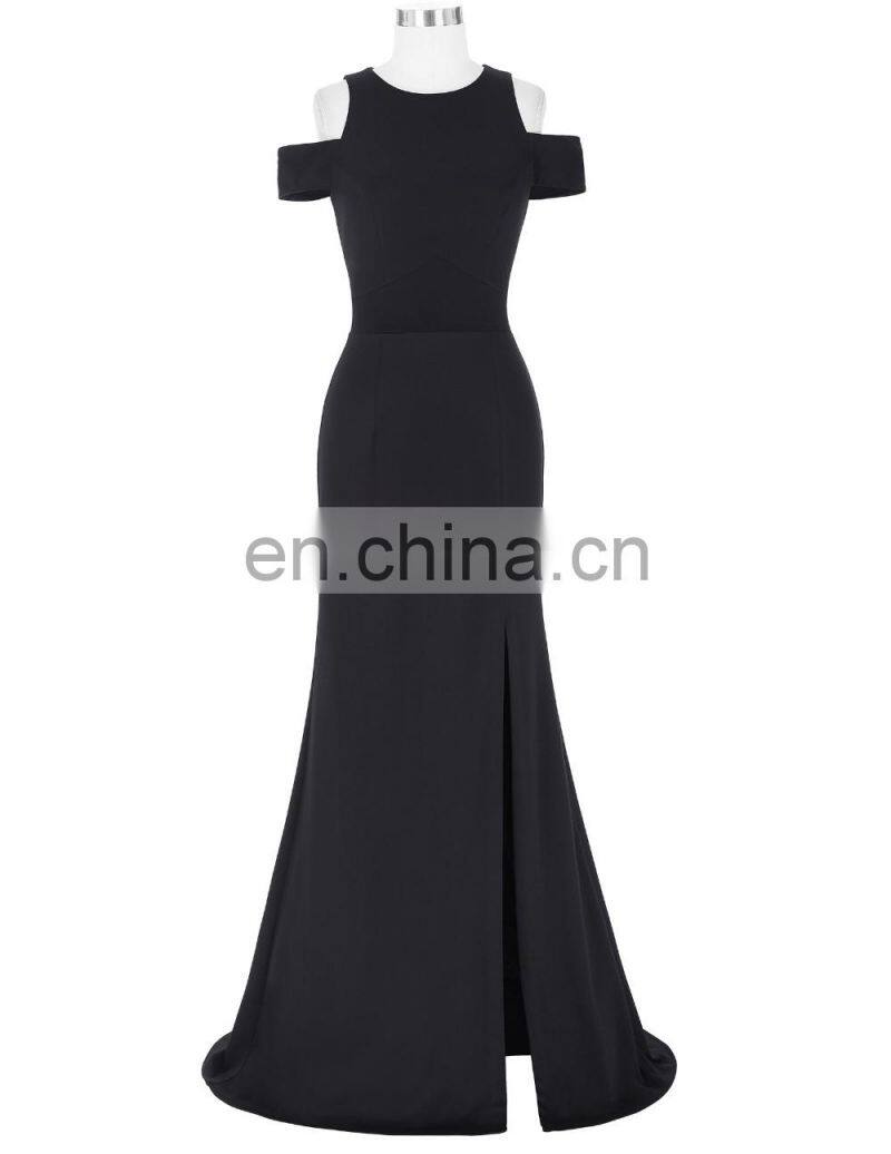 Kate Kasin Full-Length Cap Sleeve Long Black High Split Prom Dress KK001017-1