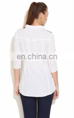 Adult Women's Fashion Lace Work at Shoulder Collar neck Front Button Style High Quality Semi Sexy Sheer Sleeve Tops lady Blouse