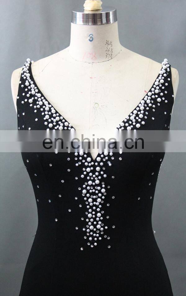 2016 black bead V neck side split sexu back open evening dress
