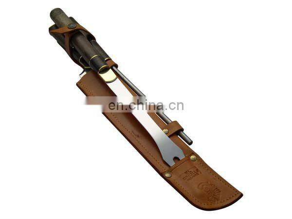 ASADO SET, TRIPLE BUTTON KNIFE, FORK AND CHAIRA, LEATHER SHEATH TOTAL LENGTH 43 cm.