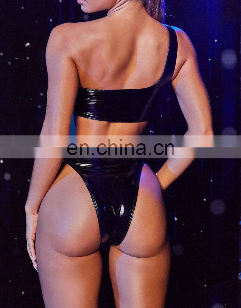 One Shoulder Bikini Shiny PU Leather Swimsuit Women Neon Swimwear Brazilian Biquini High Cut Sexy Bathing Suit Bikini Women