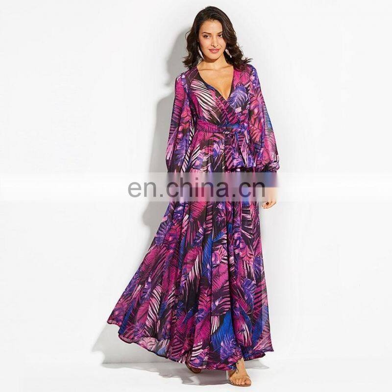 Ladies sexy holiday dress irregular floral print bohemian dress deep V big swing beach dress plus size