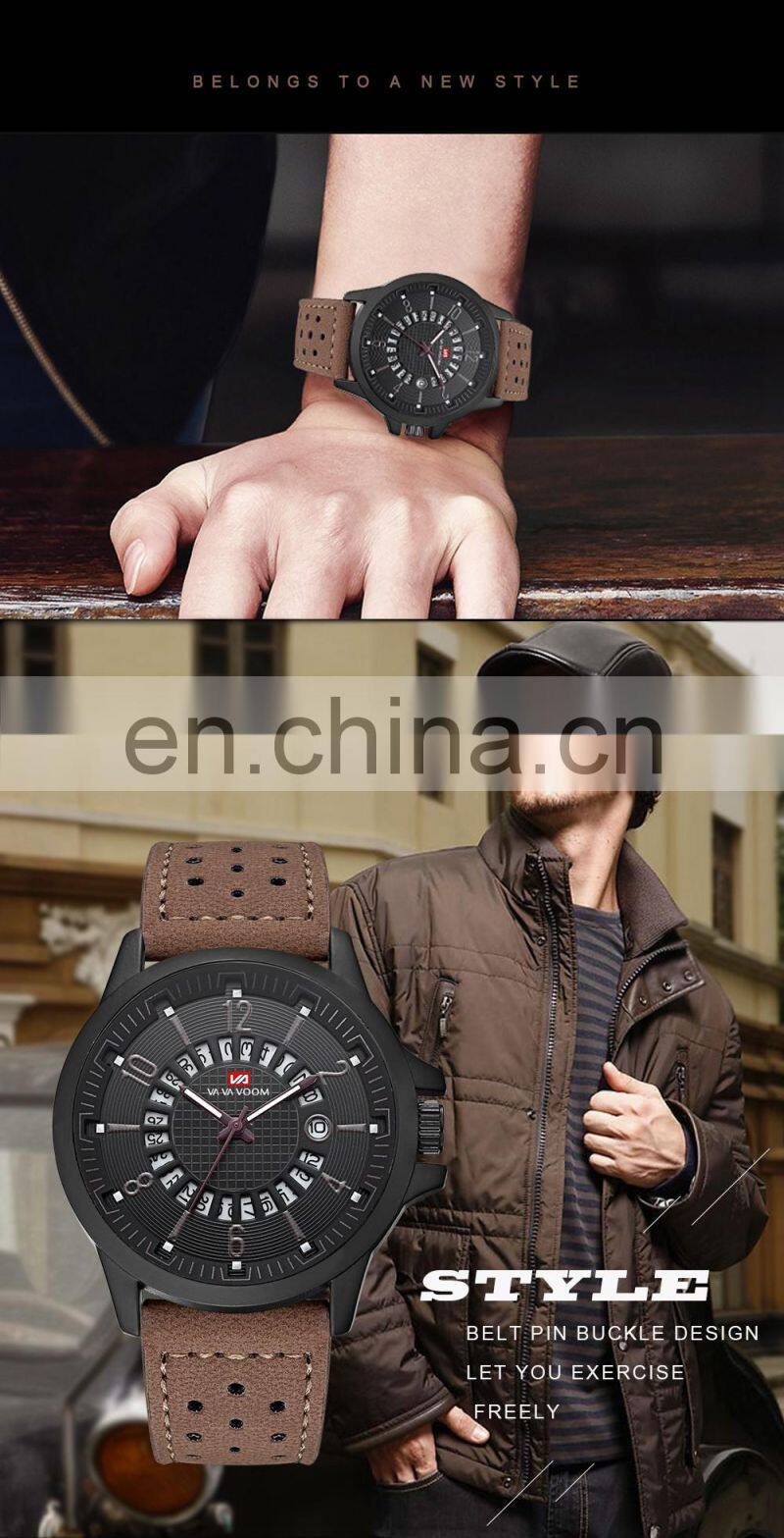 VaVa Voom VA-206 Casual Mens Quartz Watches Calendar Waterproof Fashion Leather Man Watch Wrist
