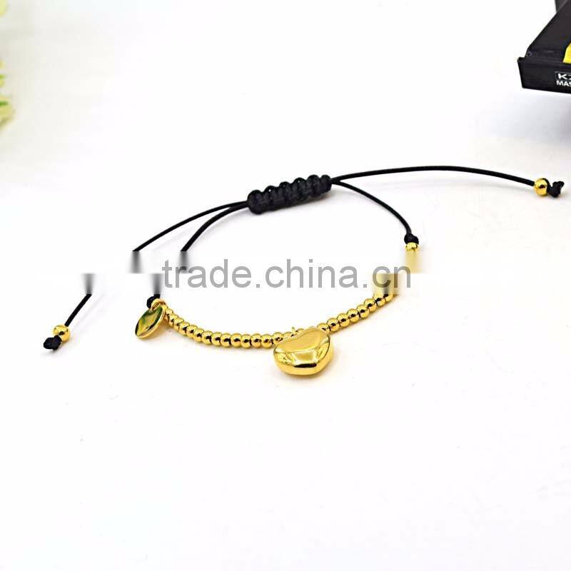 fashion bracelet wax rope adjustable gold bead bracelet with heart pendant