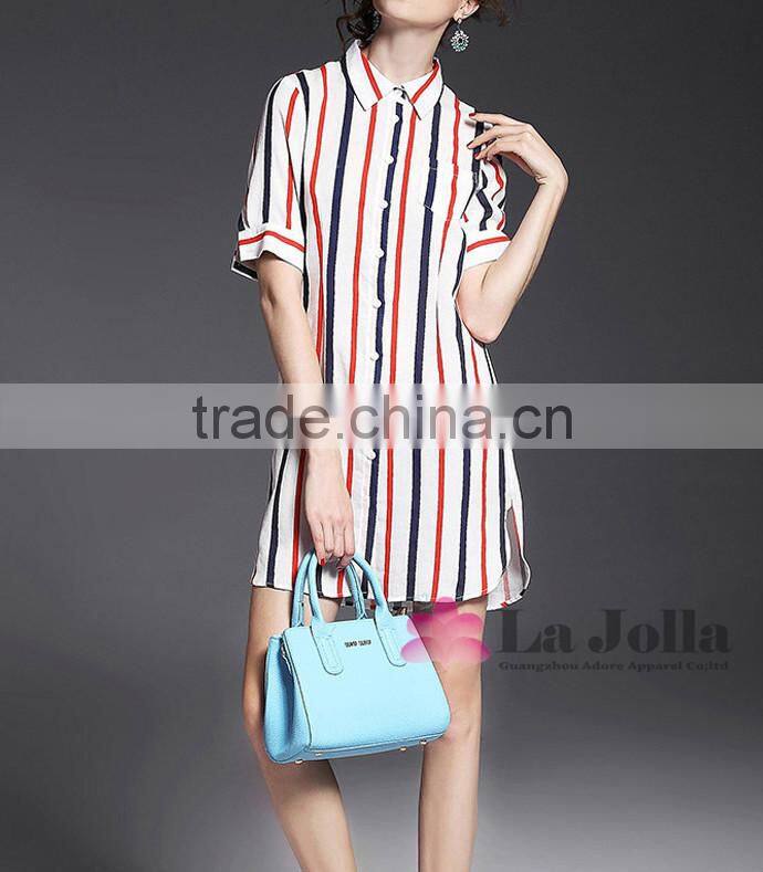 Lastest Summer Long Style Colorful Stripes Short Sleeve Blouse 093