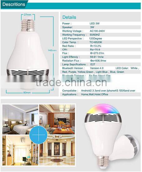 High quality with 3 in 1 Colorful bluetooth speaker led blub E27 with APP control, Bluetooth Led Light Bulb, Bluetooth Led Bulb