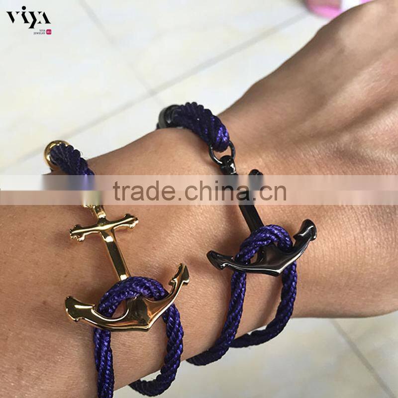 316 L Stainless Steel Colorful Cotton Rope String Leather Anchor Bracelet Fashion Jewelry Black Blue Green Red Purple Nylon Rope