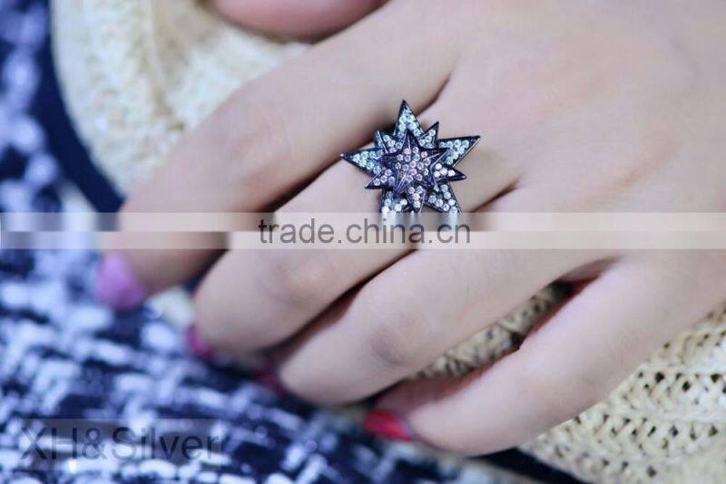 Factory direct wholesale silver jewelry black plated flower rings