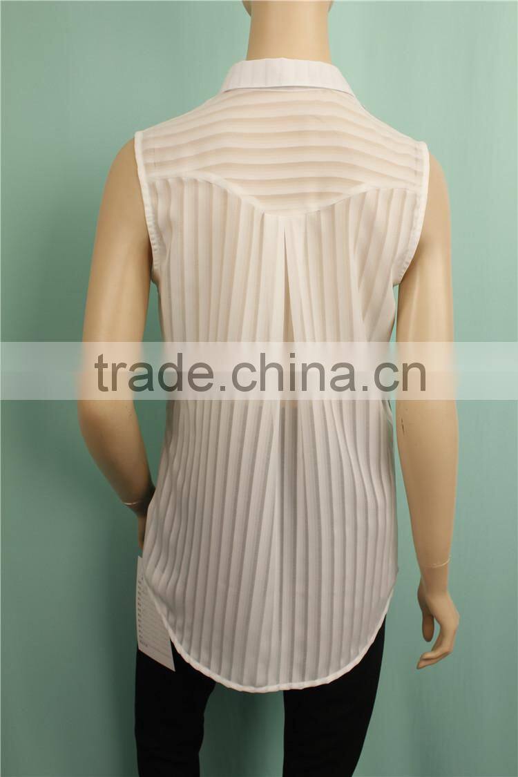 2016 S/S stripe front print sleeveless lady summer shirt designs
