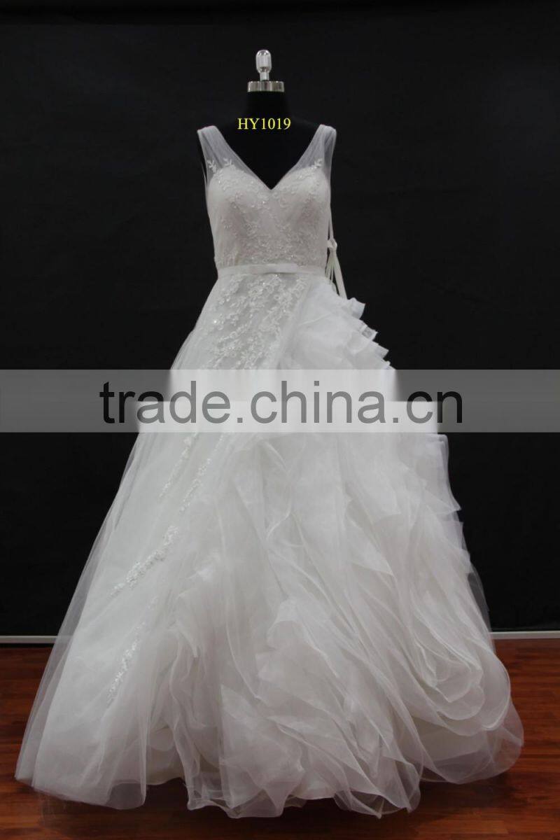 factory real sample! High quality two tulle straps nice design organza ruffle skirt lace wedding dress