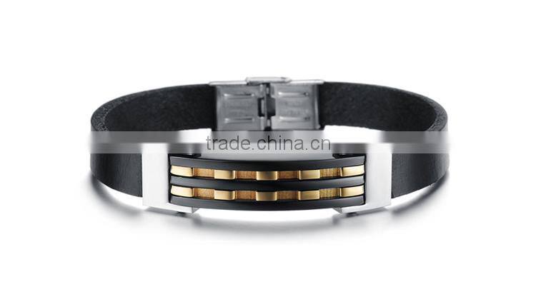 NSSL156 Double ropes high quality heavy men's gold black stainless steel leather bracelet