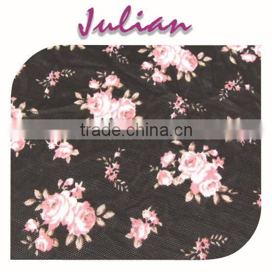 pink flower on black mesh half shiny mesh Spandex nylon 70210 Elastic kids shoes fabric