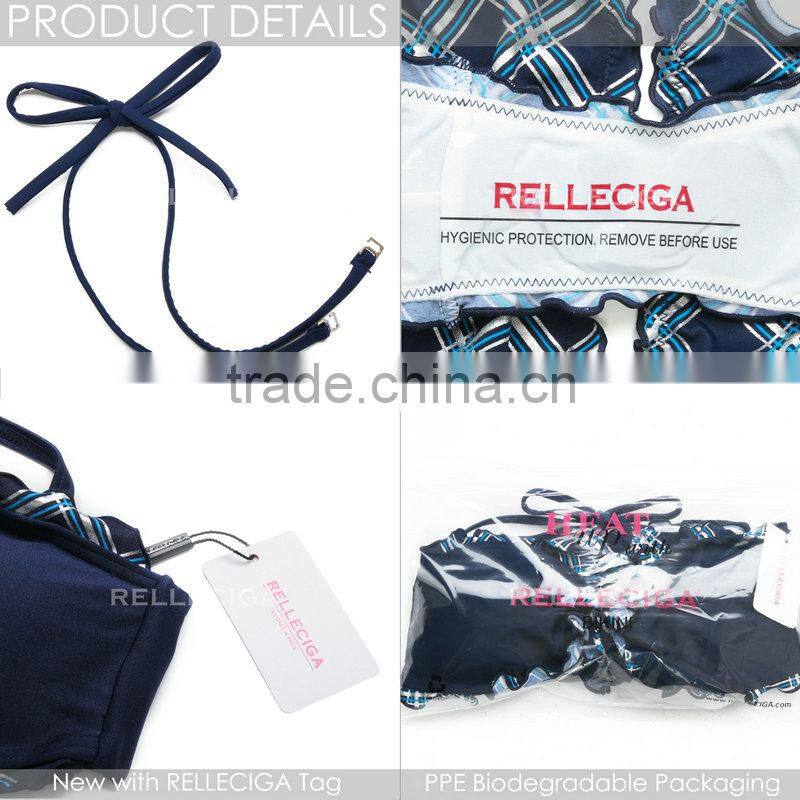 RELLECIGA 2016 Kaleidoscope Collection - Navy Blue Plaid Silver Foil+ Ruffle-trim Bandeau Bikini Set with Front Bow & Brazilian