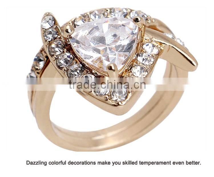 Classic Geometric Ring Double Exquisite Yellow 18k Gold Plating Austrian Crystal Zircon Heart Rings