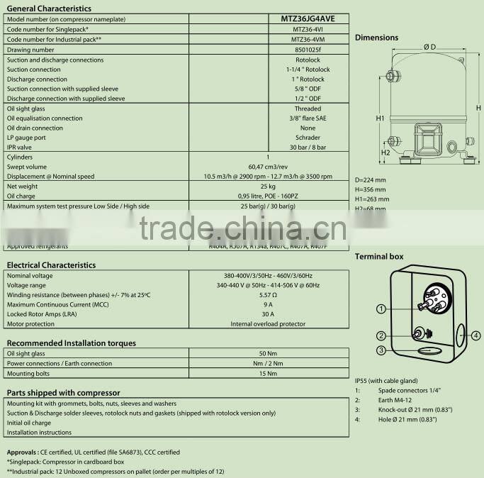 MT/MTZ Series maneurop piston compressor for air conditioning MTZ36JG4AVE