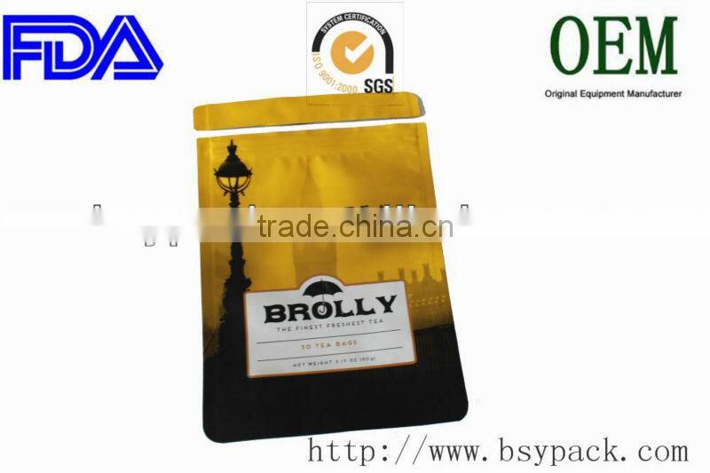 printed yellow color 90g black tea/coffee tea laser easy tear stand up zipper rounded corner bags