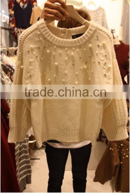 Chinese homemade ladies' round neck raglan 3/4 sleeve pullover half cardigan knitted sweater with beads