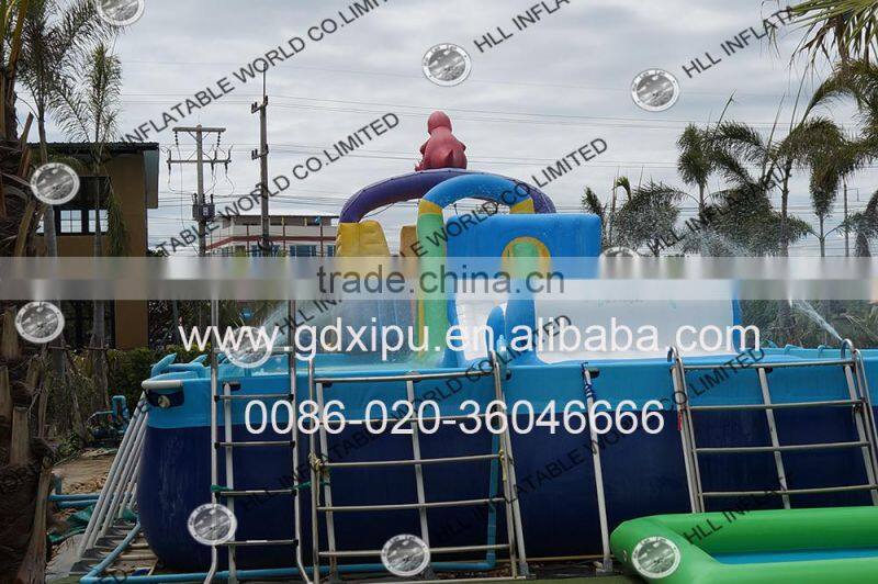 Inflatable water park game in frame swimming pool