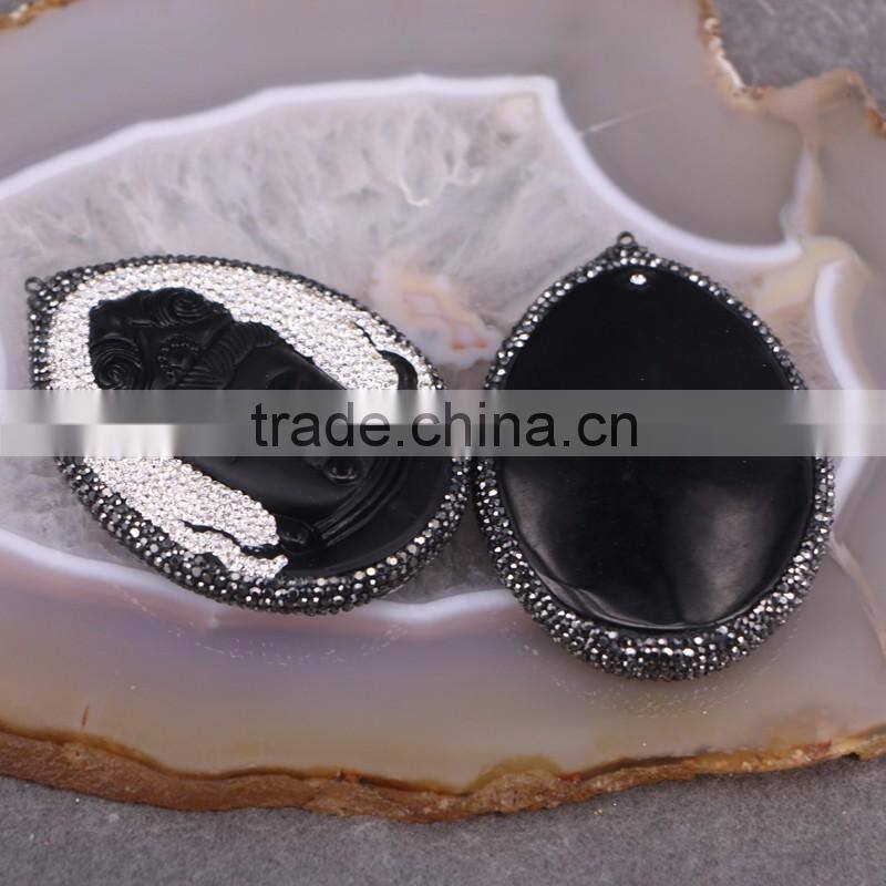 Natural Obsidian Gem Stone Pendant, Guanyin / Mother Buddha Pendant, with Crystal Paved Druzy Pendant