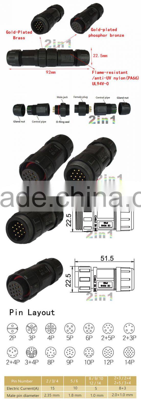 SQ19-14P IP68 Soldering Electric Cable Wire Waterproof Connector