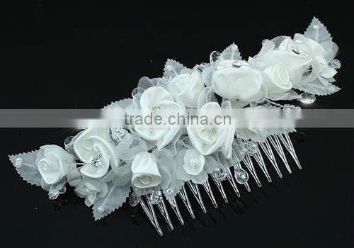 Bridal Handmade White Rose Fabric Crystal Hair Comb CT1394