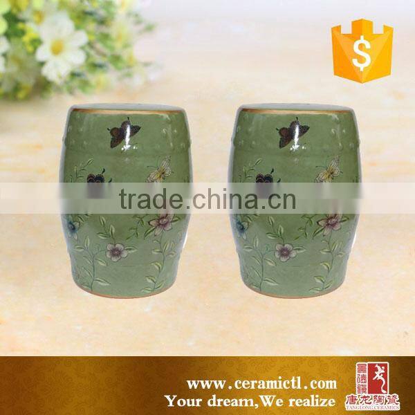 H 45cm Green stool ceramic drum side table