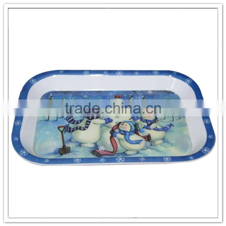 Winter snowman hug together melamine deep tray, 8.5" Christmas decorative plastic trays