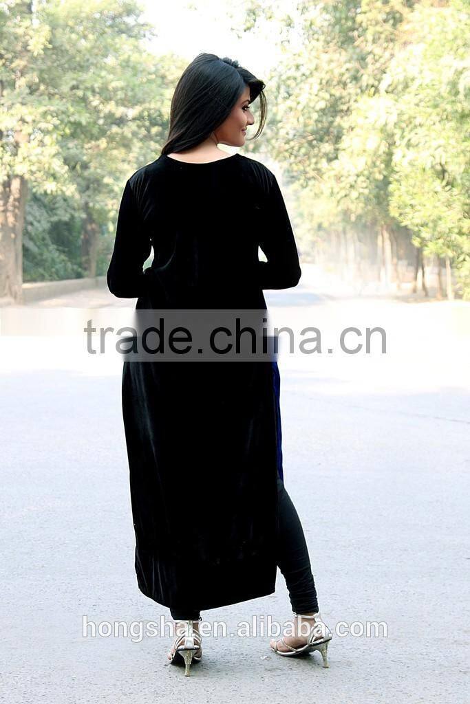 Fashion brand designer long kurtis with front neck crystal buttons navy blue velvet kurti HSD7920