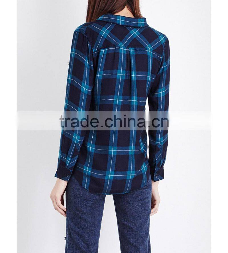 Wholesale Women Collar Long Sleeves Buttoned Cuffs Hunter Checked Shirt(DQE0152T)