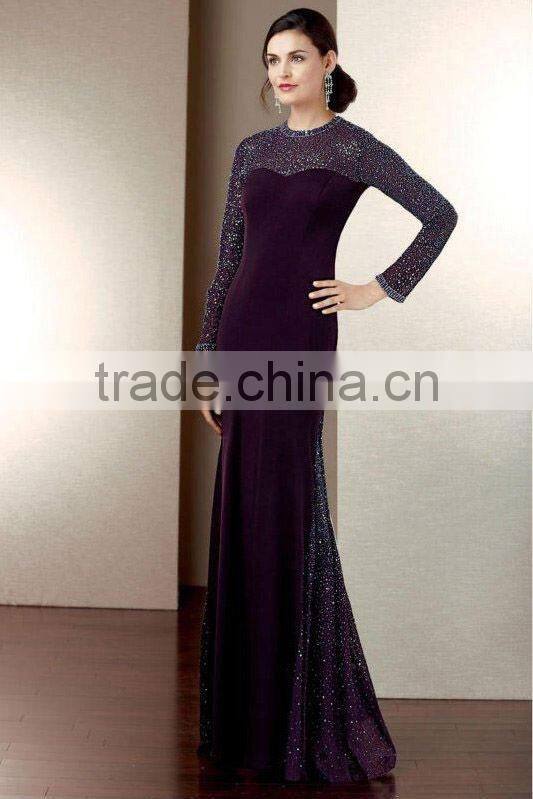 purple beaded bling high neck full length evening dresses long sleeve
