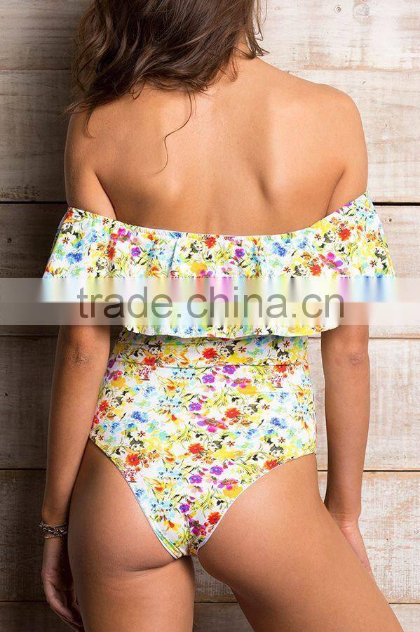 ladies fashion big ruffle without strap one-piece swimwear