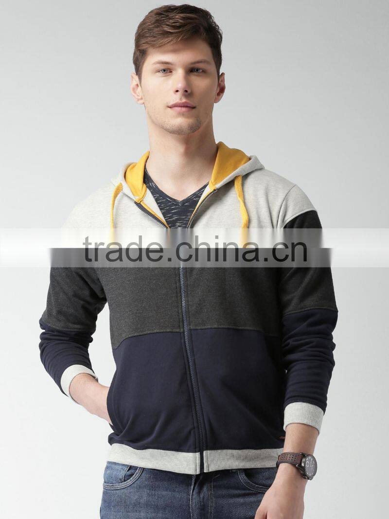 Grey Navy Colourblock Hooded Sweatshirt Customizable Attached Hood With Drawstring Fastening Hoodies Cotton Blend 280 Grams Mens
