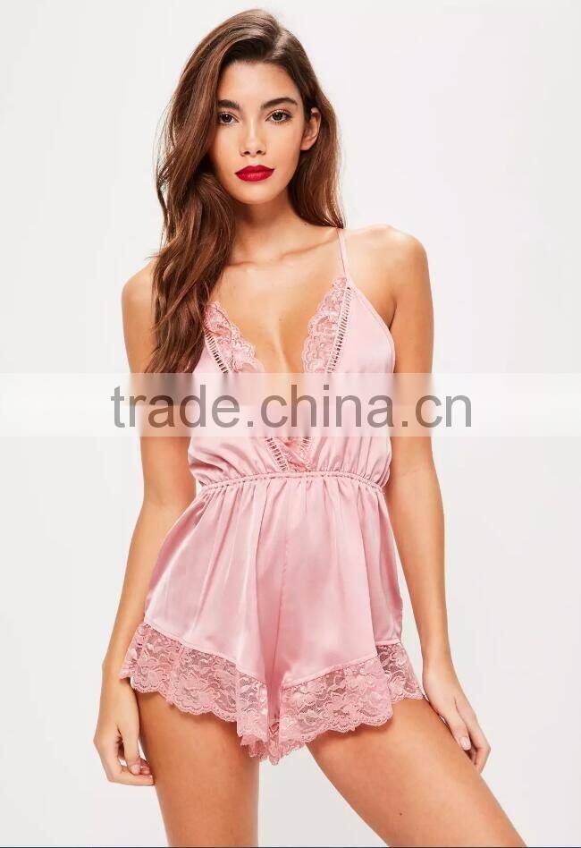 Custom Made Pink Satin Lace Detail Teddy Women Sexy V Neck Pyjama With Elasticated Waist Bodysuit Sleepwear