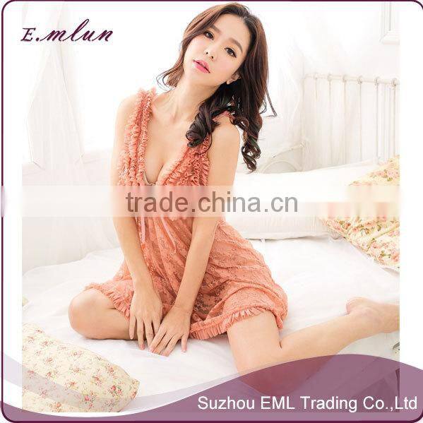 Ladies sexy lace flower transparent intimate sleepwear robe night gown