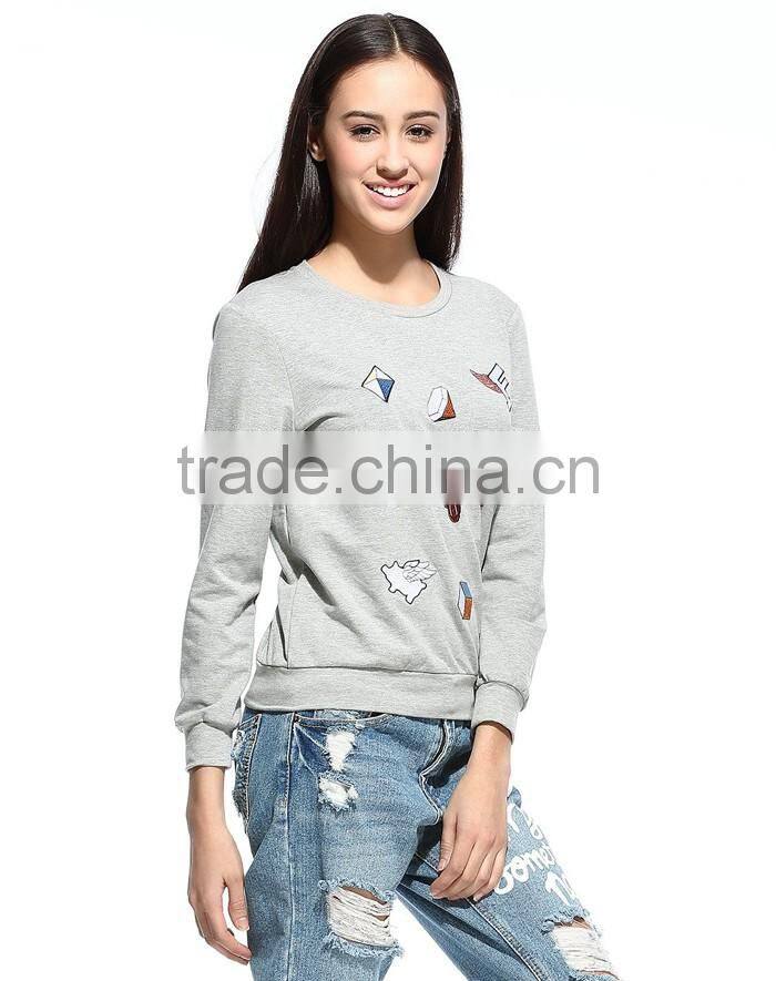 Fashionable cheap long sleeve grey pullover sweatshirt without hood