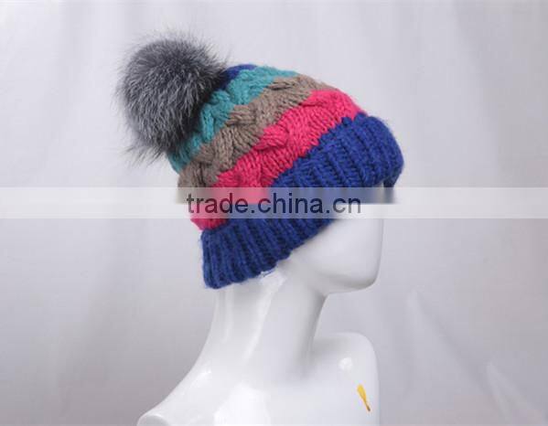 Winter warm knit cap Thick stick knitting mixed color winter hats for women beanies with fox fur poms