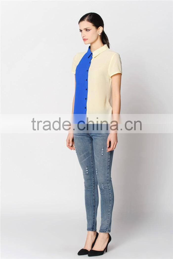 ladies fashion small lapel fashion splicing hit color shirt