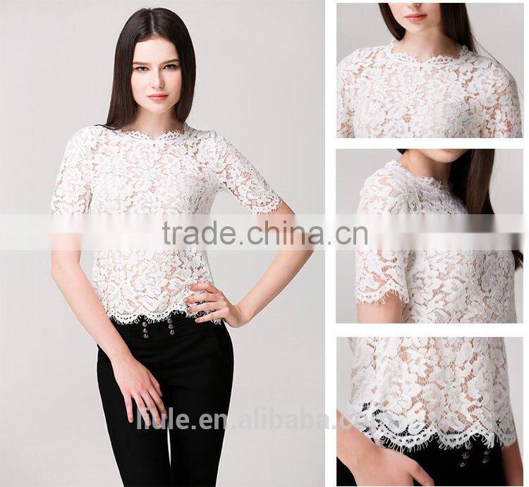 2016 latest white short sleeve fashion crochet lace top for ladies
