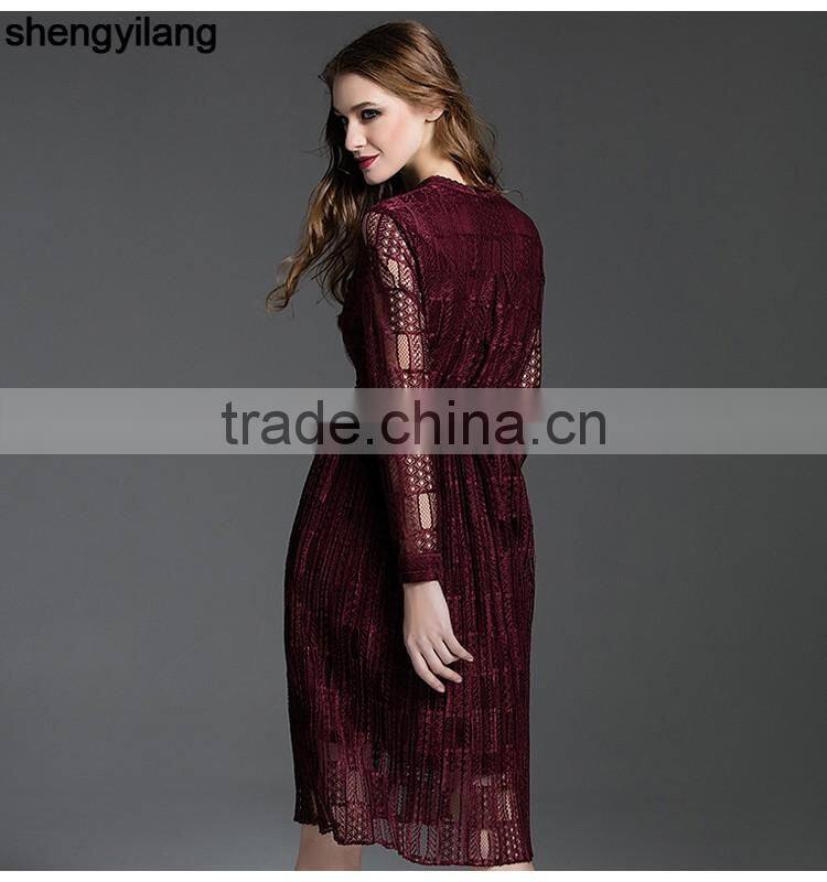 Ladies maroon dark green hollowed lace 100% polyester dress