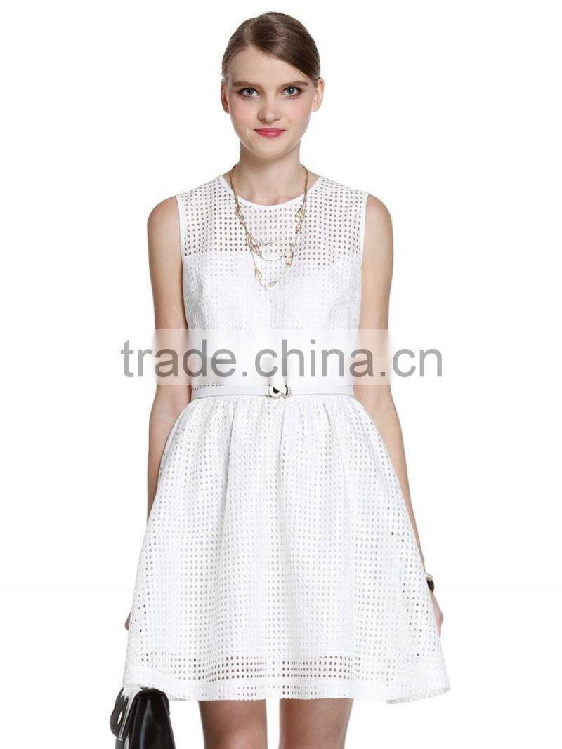 Gilrs solid color plaid hollow out lace sleeveless dress