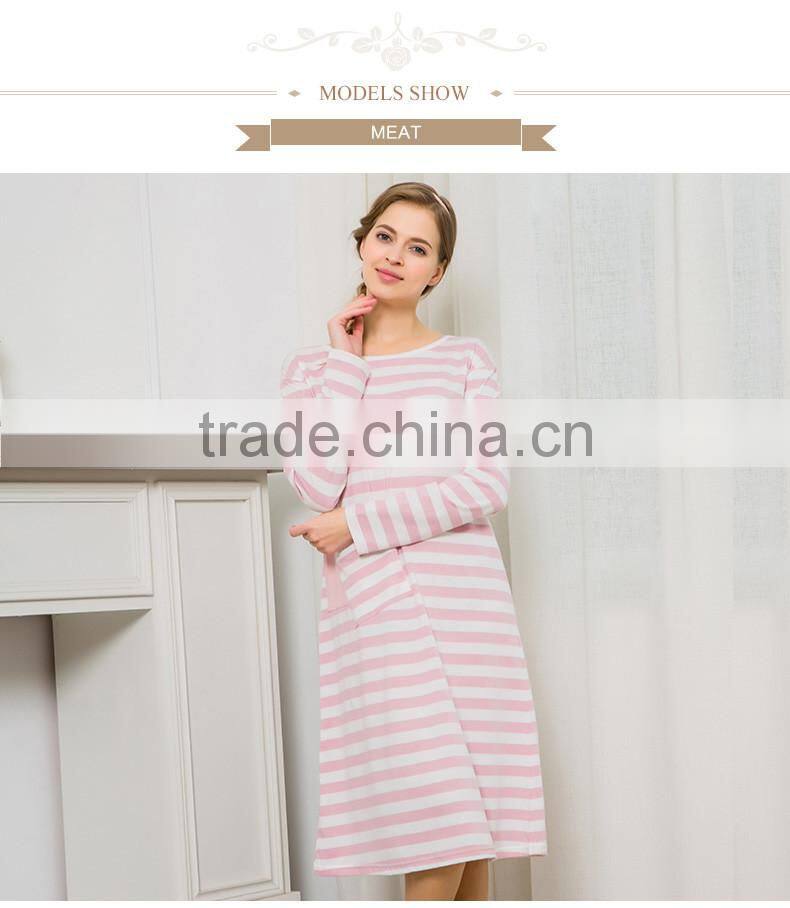 2017 Best Qianxiu Autumn Inner Home Women Lady Girl Cotton Long Sleeved Strip Chinese Women Nightgown