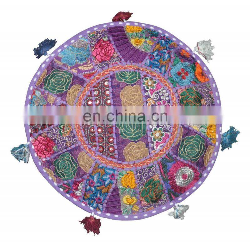 Indian Embroidery Design Handmade Patchwork Round Ottoman Pouf Cover