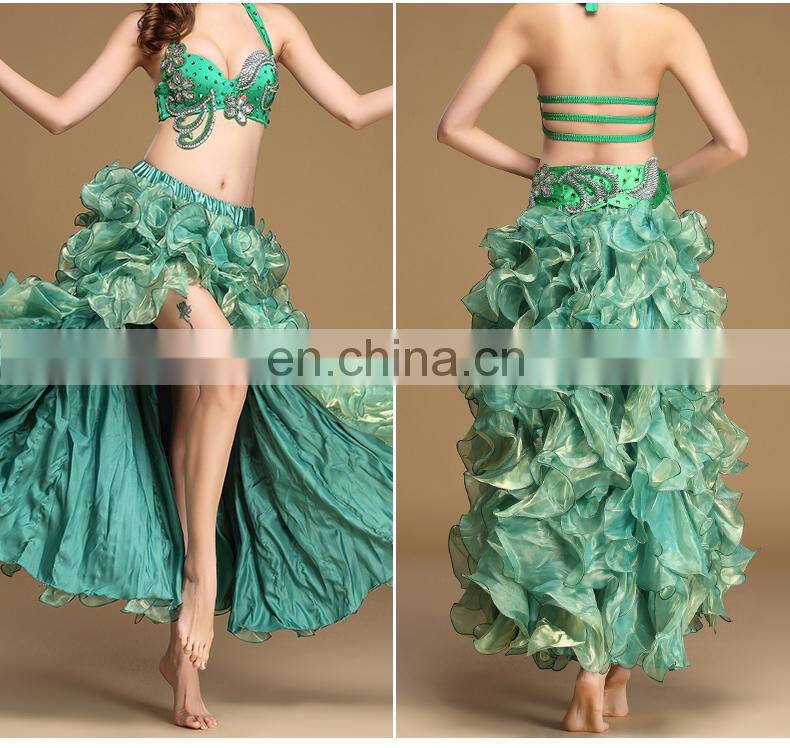Q-6051 Plus size long organza wave performance belly dance skirt with slit
